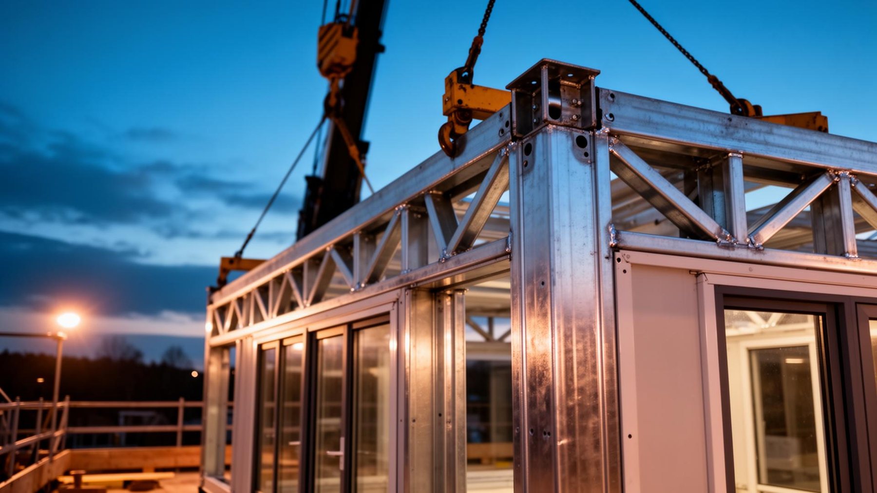 A Polaris Modular steel-framed module being craned into place at dusk