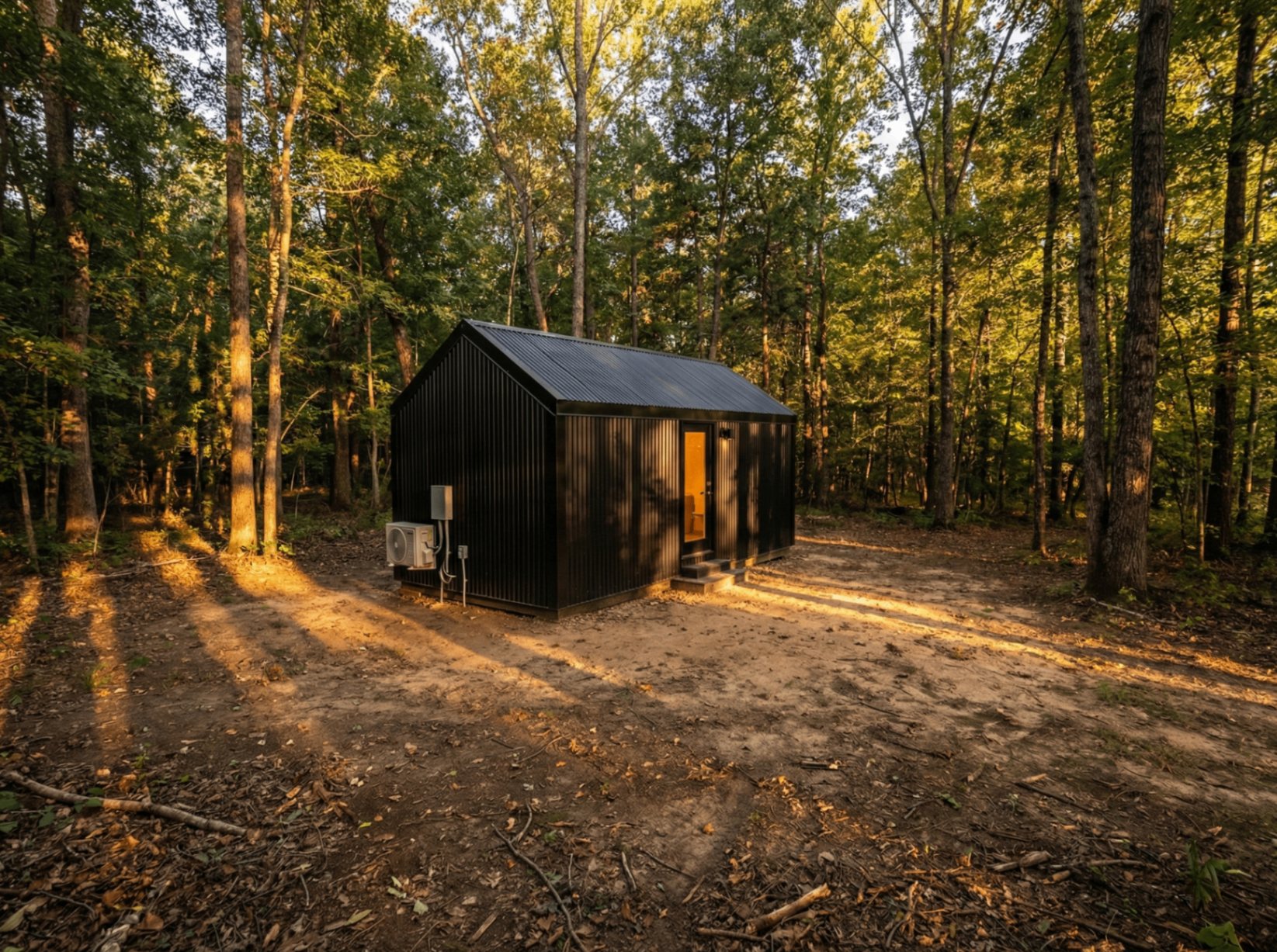 Alpine A-Frame cabin exterior in a sunlit forest clearing
