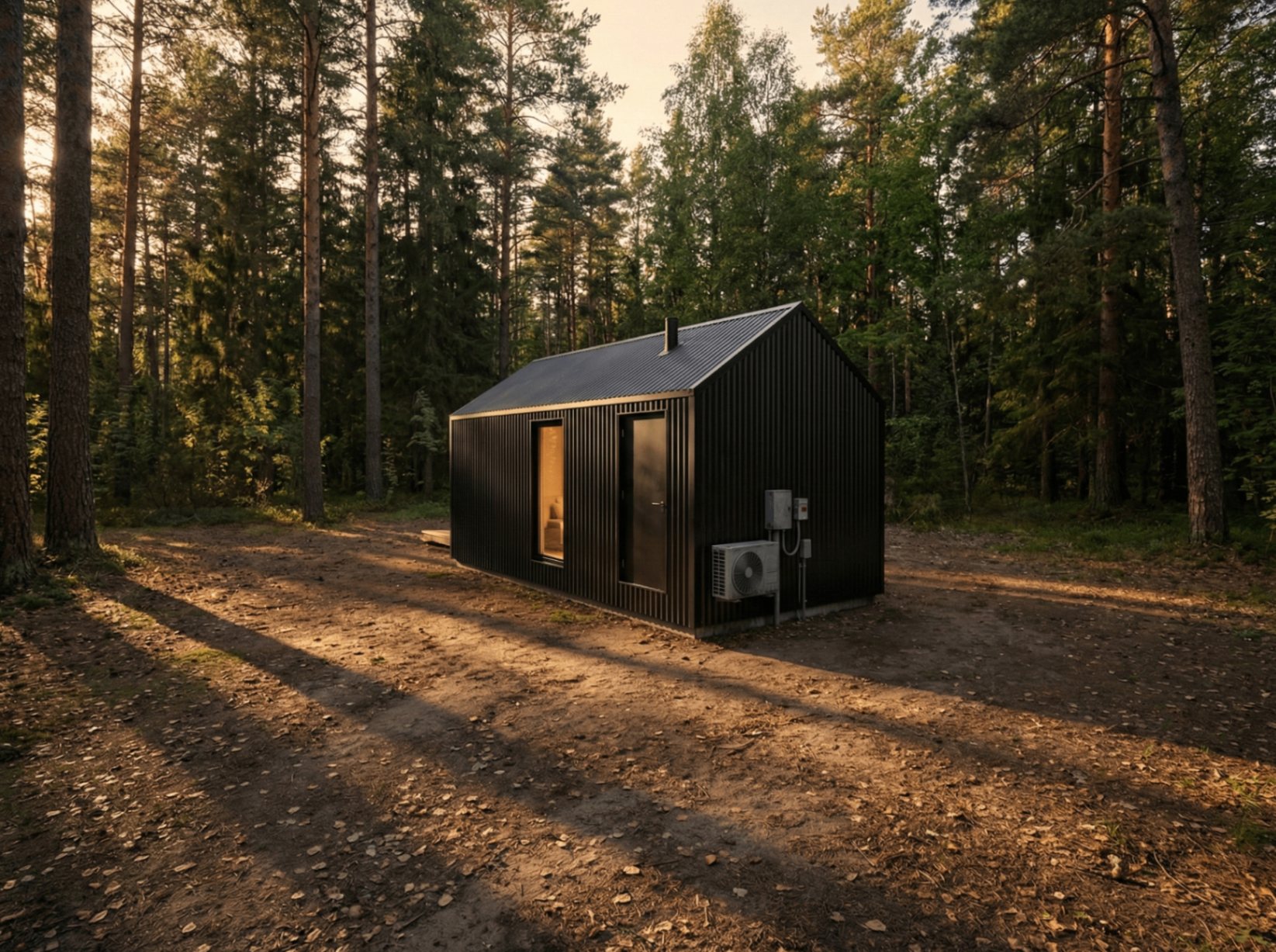 Alpine A-Frame cabin rear exterior at golden hour in a pine forest