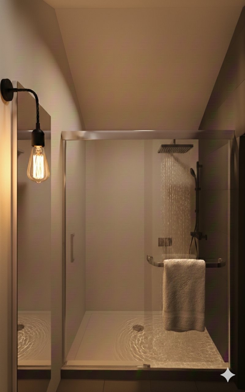 Alpine bathroom with glass-enclosed rain shower