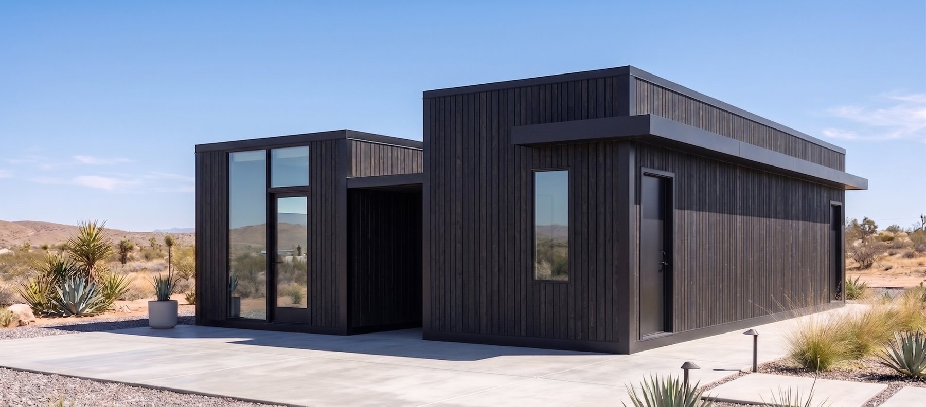 Castleton Bath Pod + Office in desert landscape with black vertical cedar siding