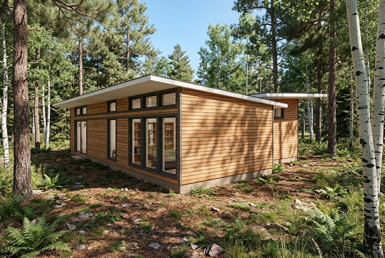 Denali 3 Bedroom modular home set in a sunlit forest clearing with pine and aspen trees