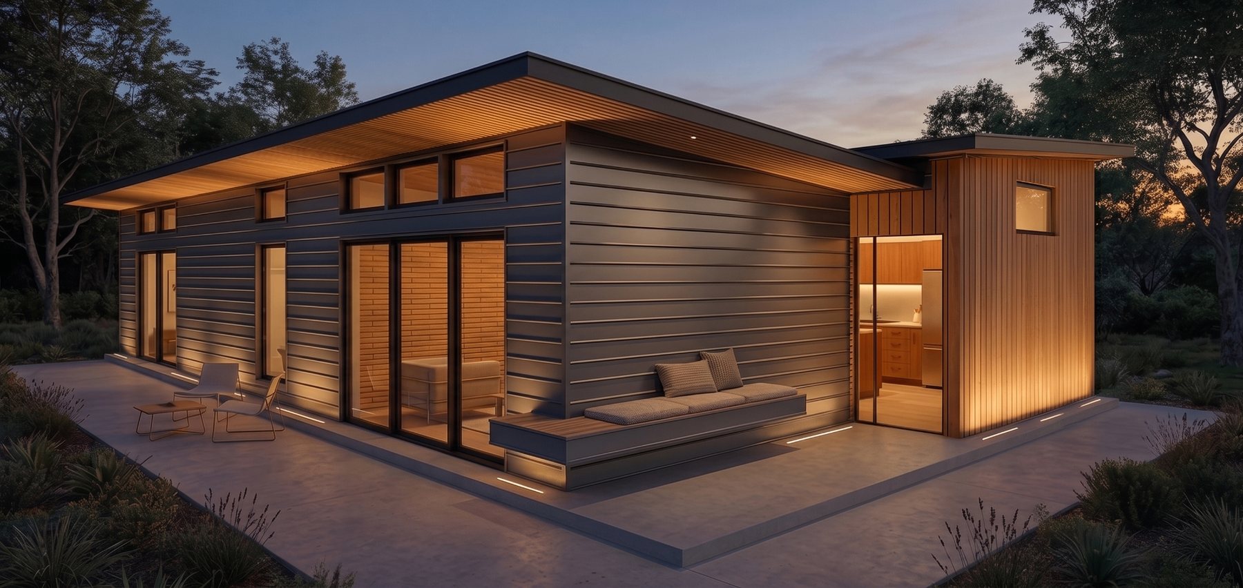 Denali 3 Bedroom + modular home at dusk with warm interior lighting and integrated patio bench