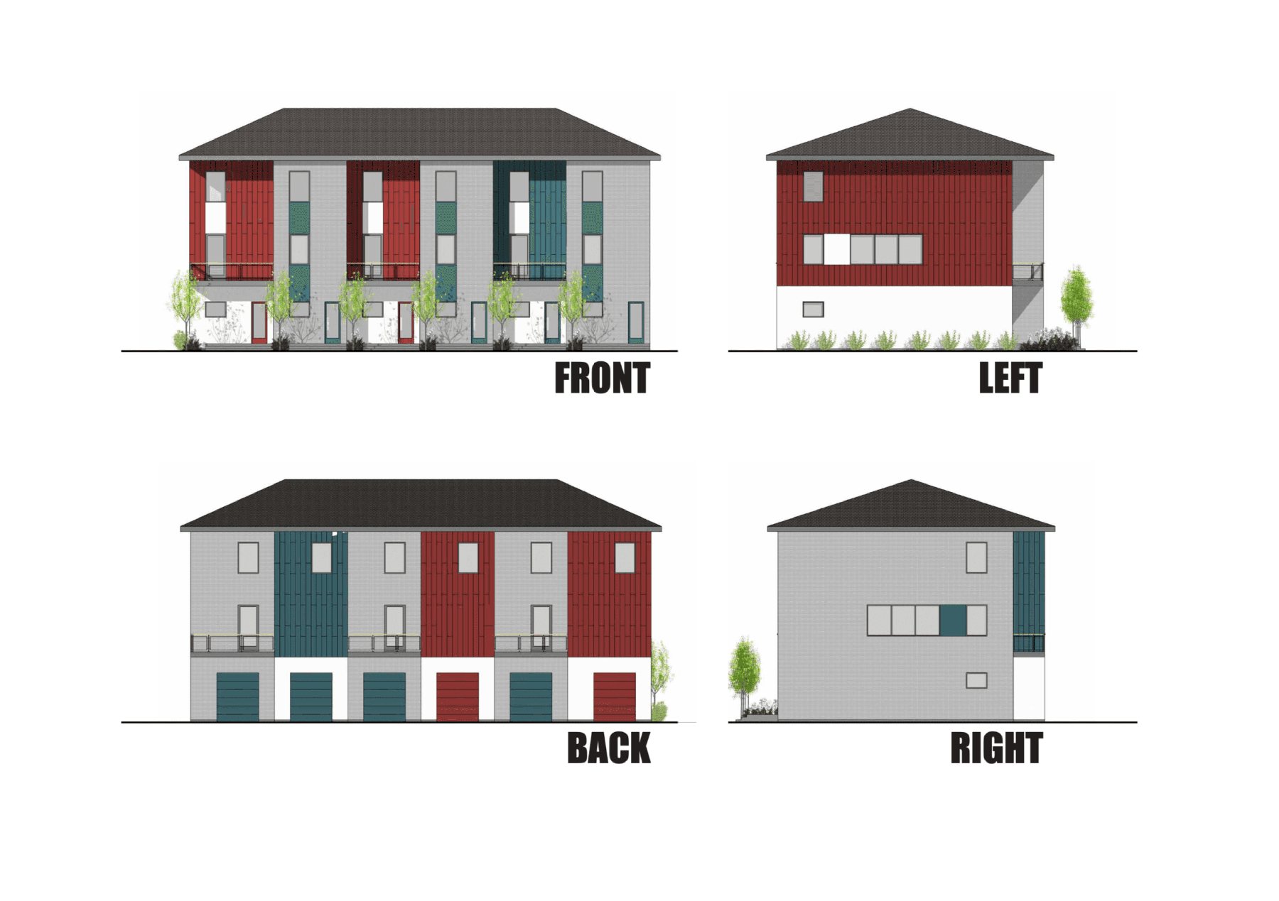4 images of the Meridian Townhome with no background. Front view, back view, and side views.