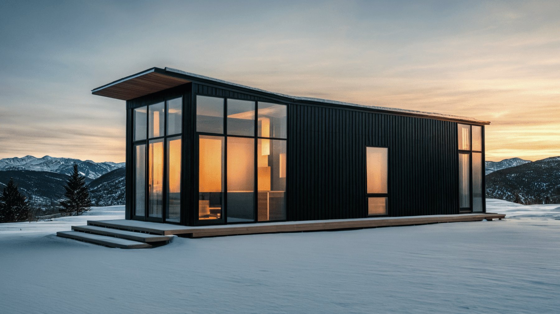 Front side view of the RIverbend XL on a snowy hill with a mountainous background and a sunset.