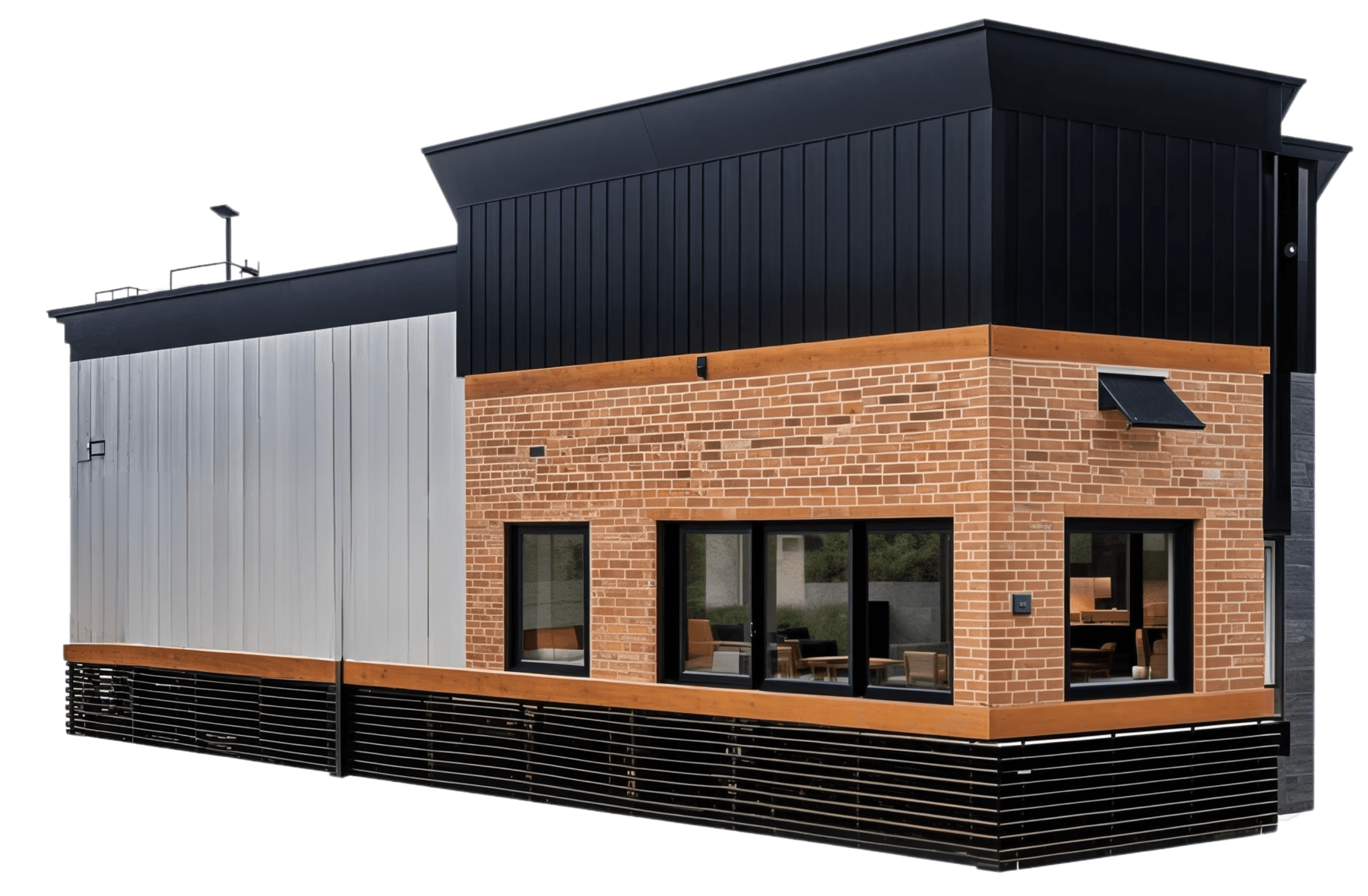 Front image of a modular drive thru restaurant with no background.
