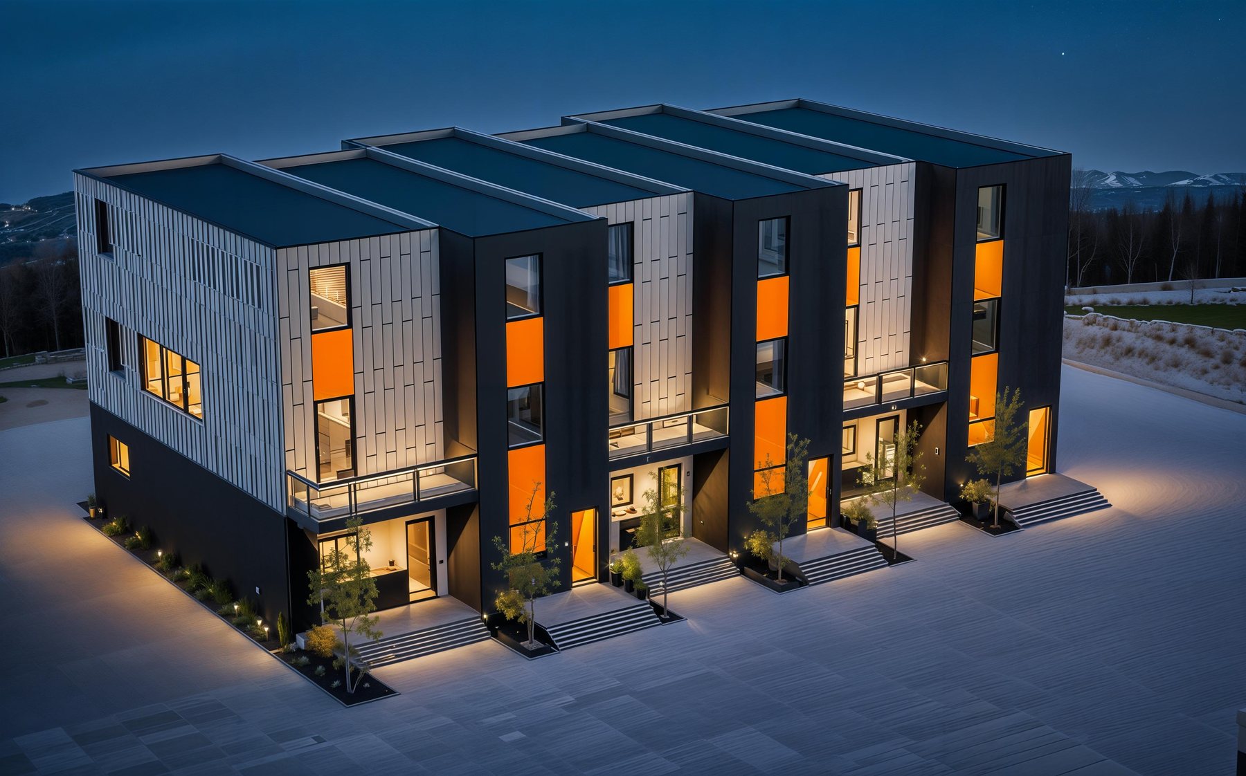 Aerial front rendering if the Orion Townhome