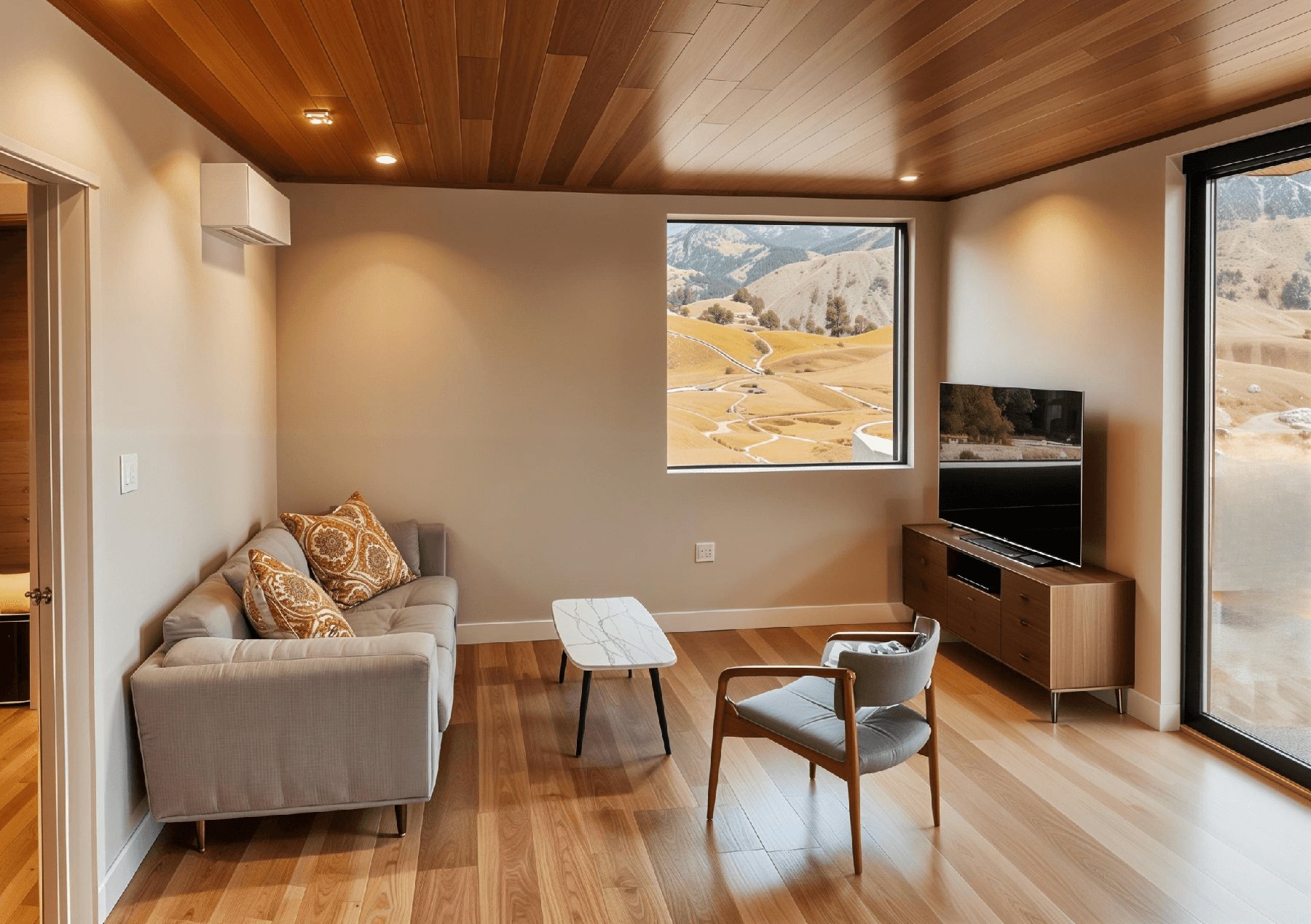 Living room with window overlooking a field