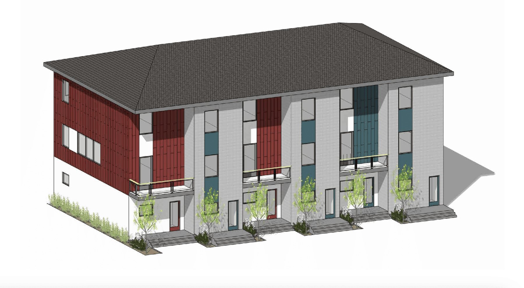 Aerial rendering Front view of the Meridian Townhome.
