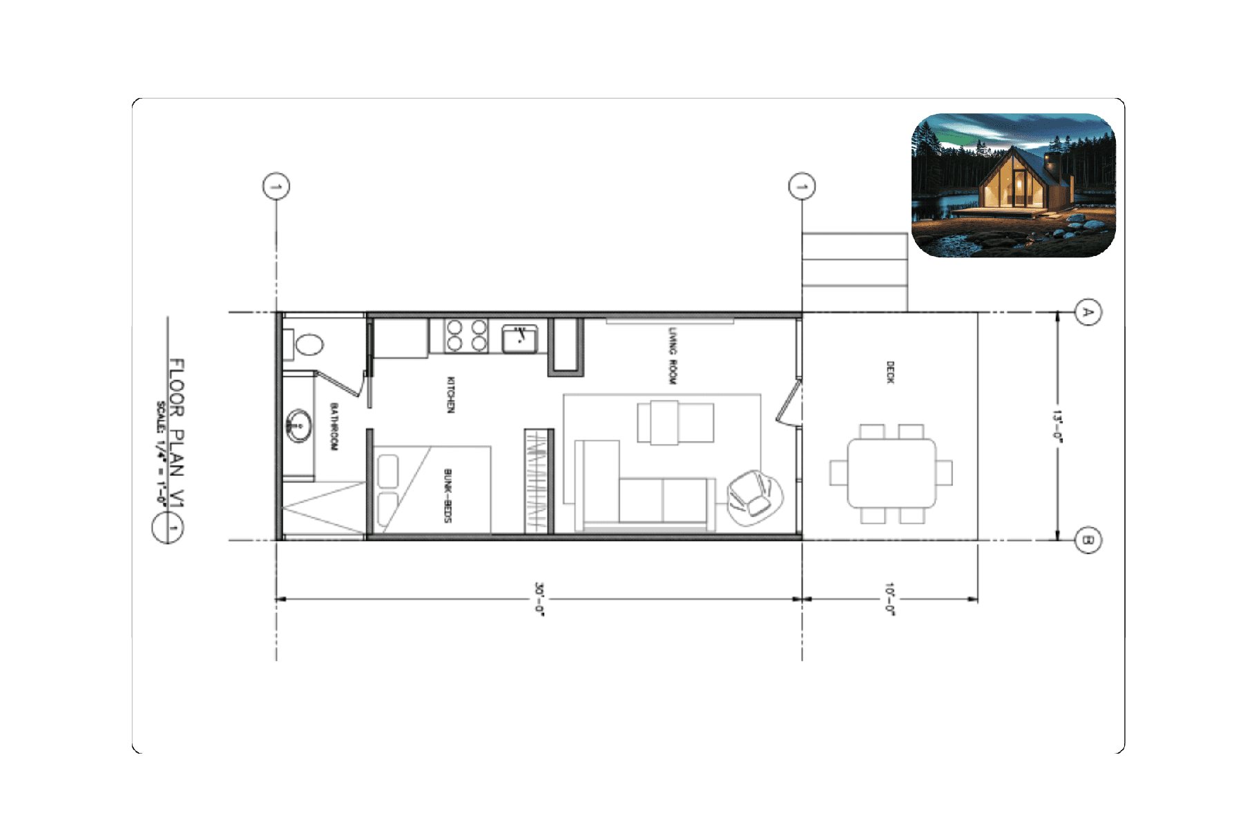 Floor plan for the A-frame Lumin Cabin.