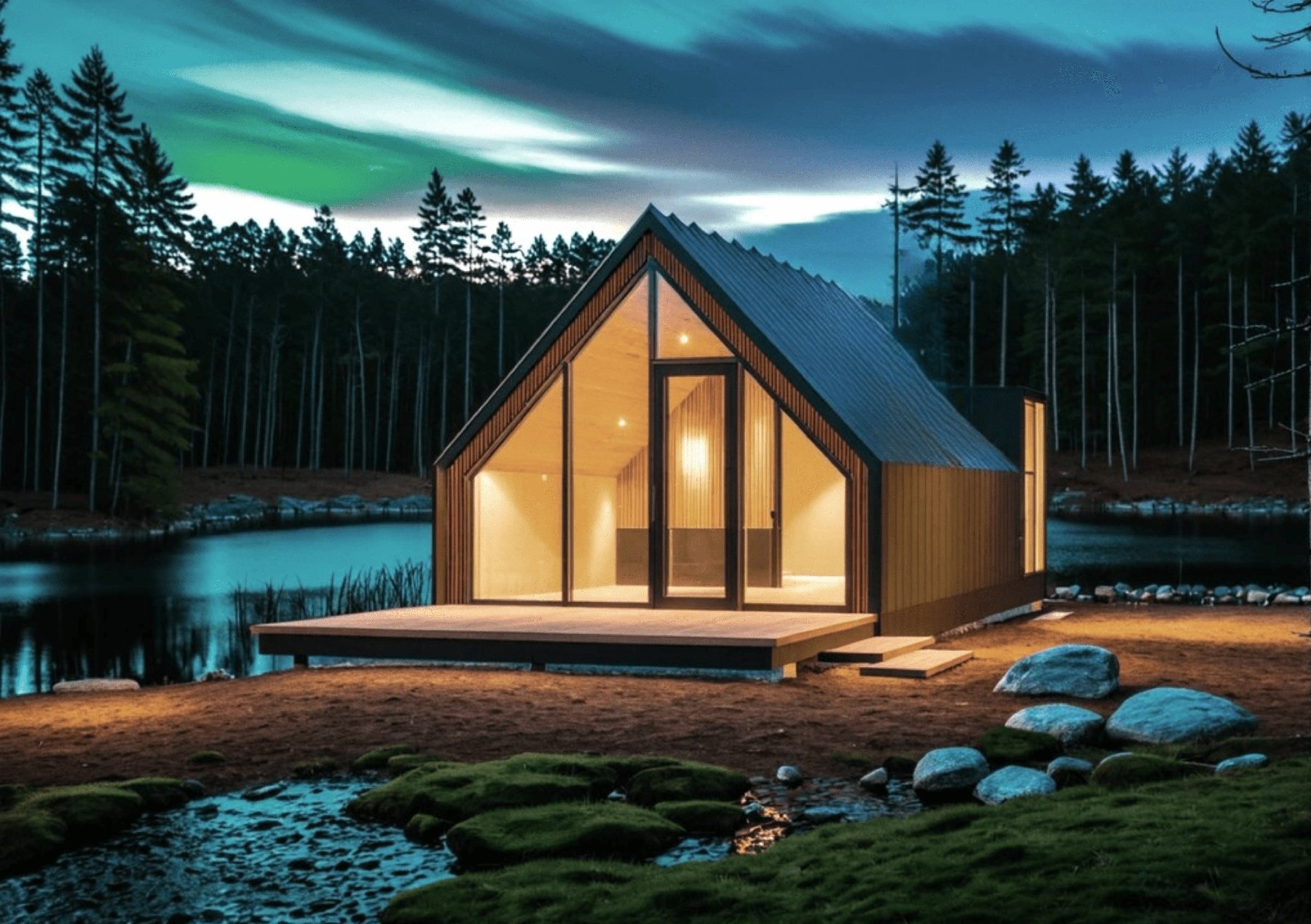 Front side view of the Lumin Cabin A-Frame home with the northern lights behind.