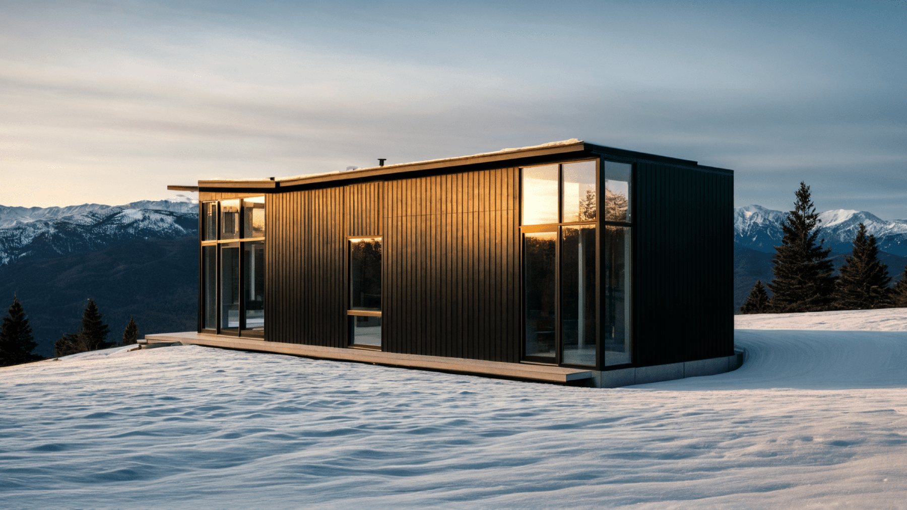 Back side view of the RIverbend XL on a snowy hill with a mountainous background and a sunset.