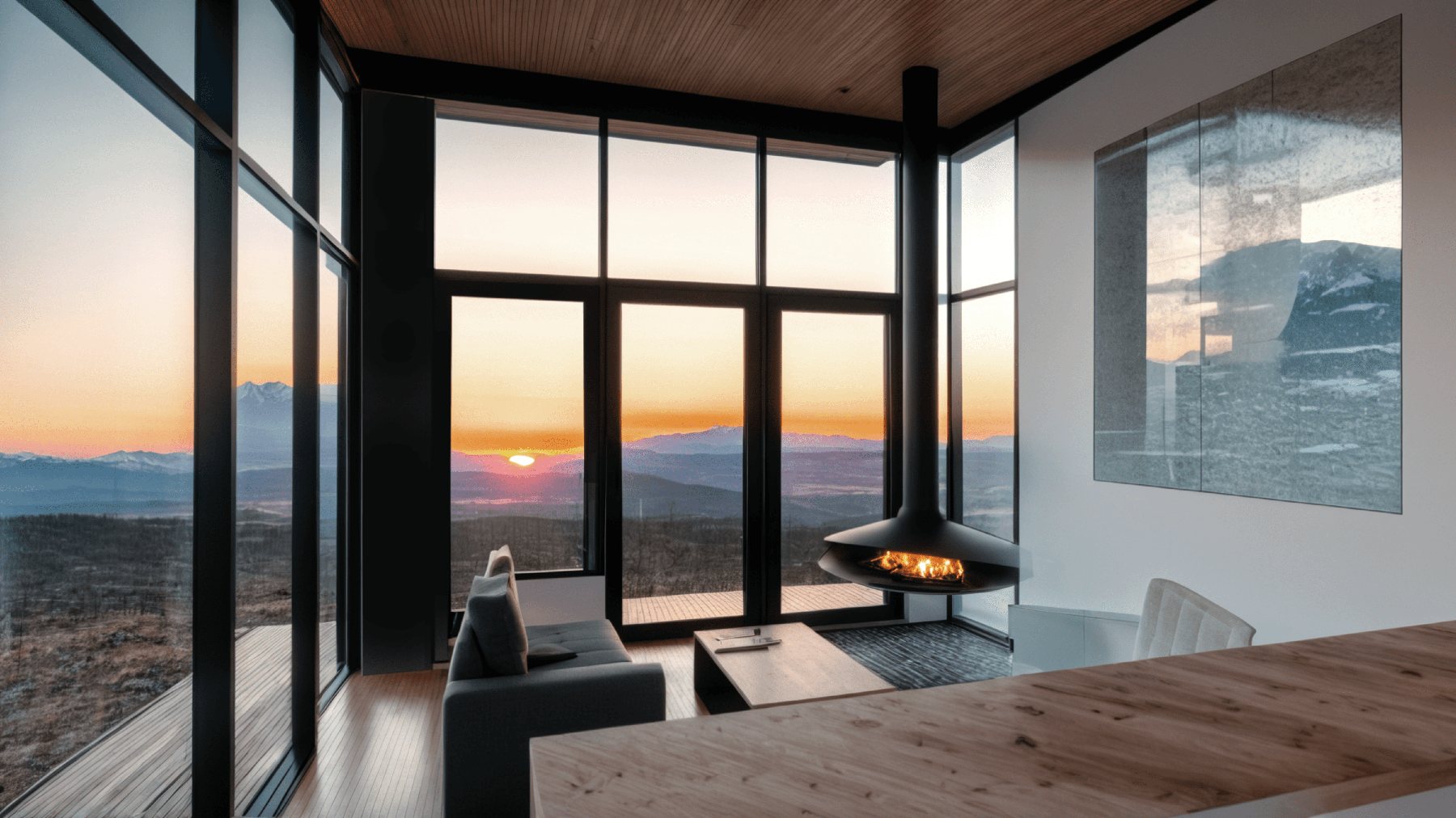 Interior of the RIverbend XL living room with a fireplace and large windows over looking the mountains and a sunset.