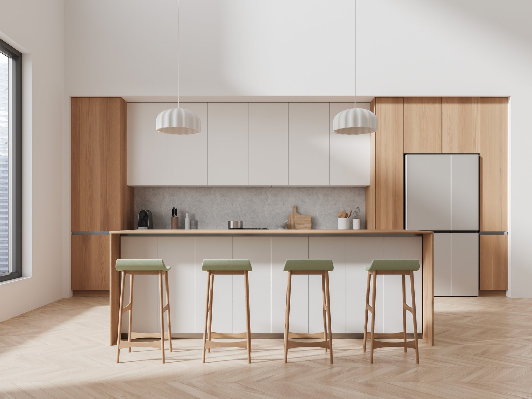 Interior kitchen with a bar table with stools.