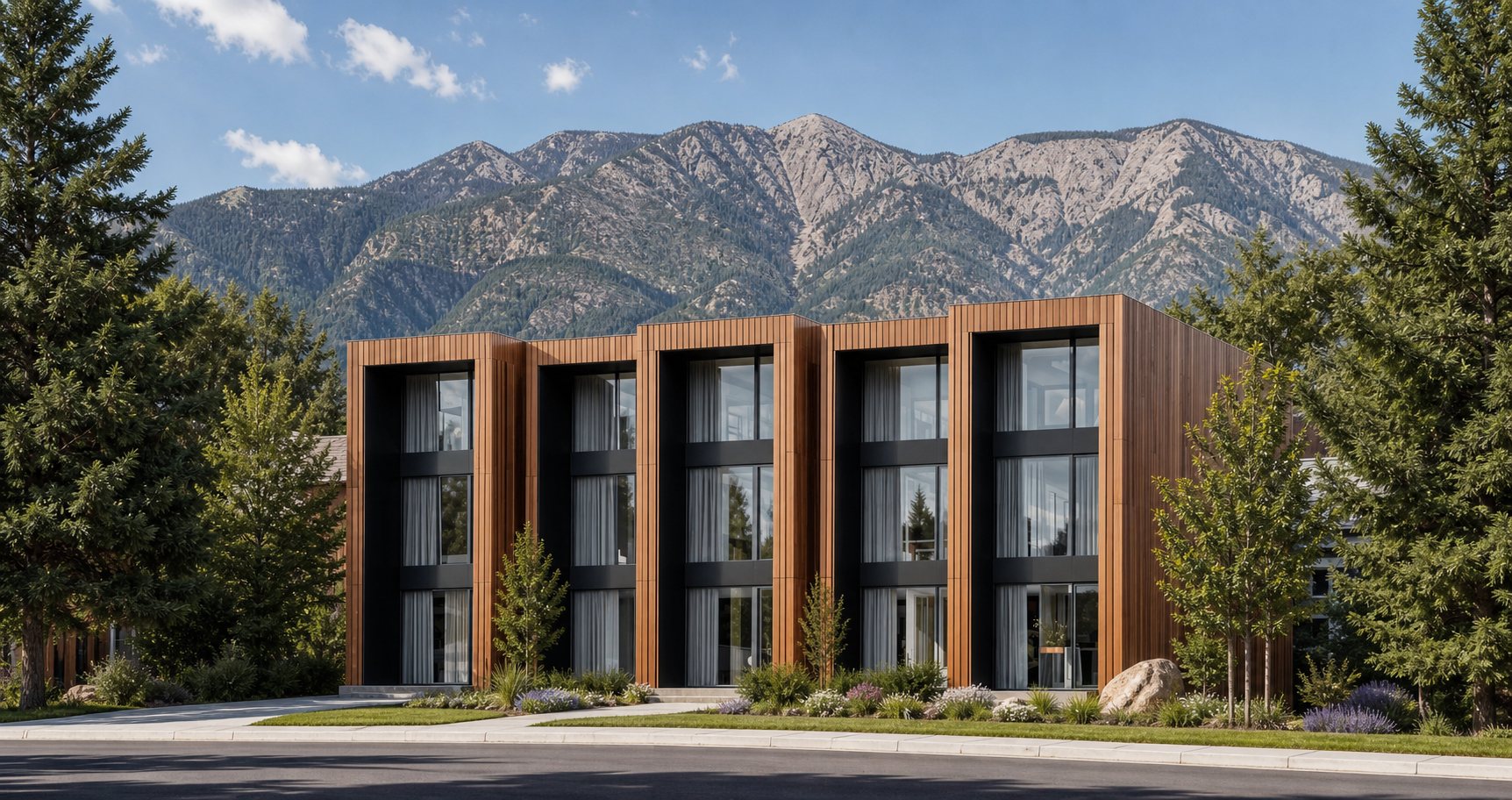 Luxe Townhome exterior with mountain backdrop