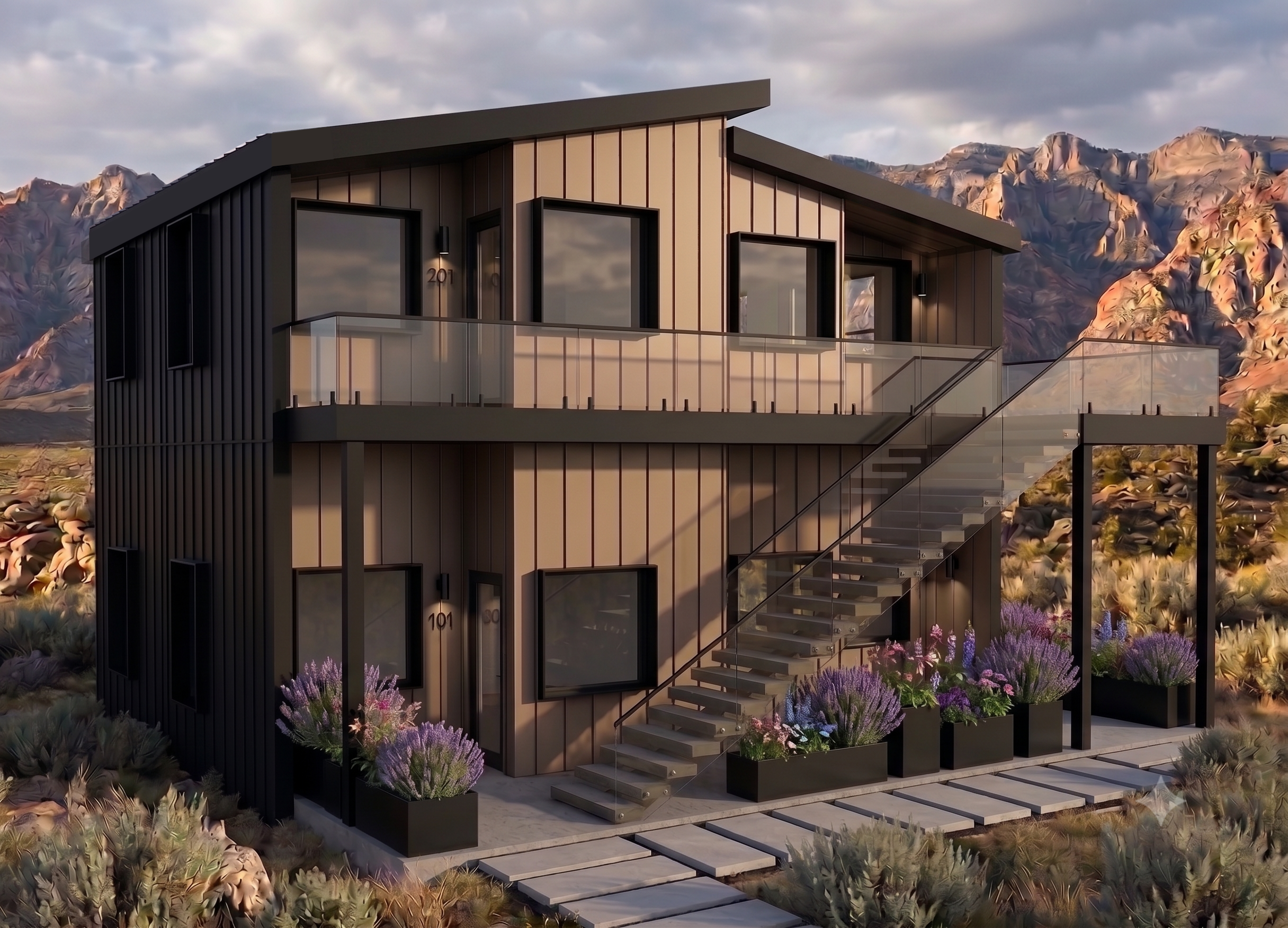 Cascade hospitality building in a mountain setting