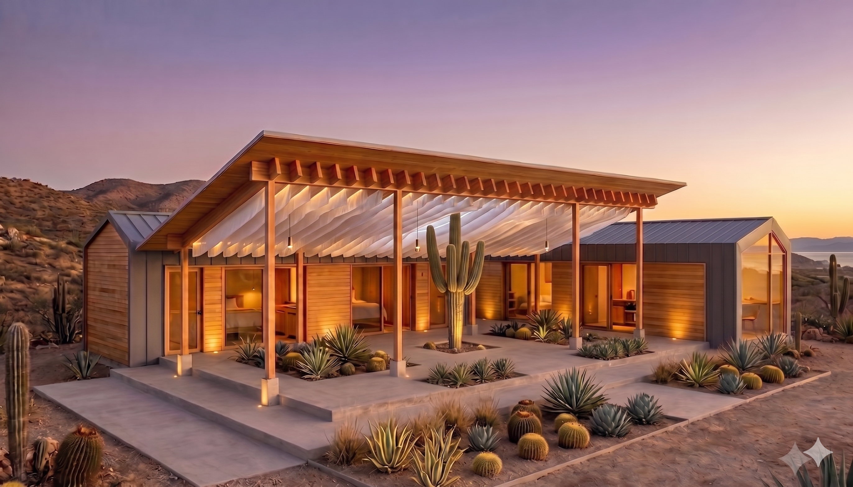 Longs Peak hospitality units with a covered terrace in a desert setting