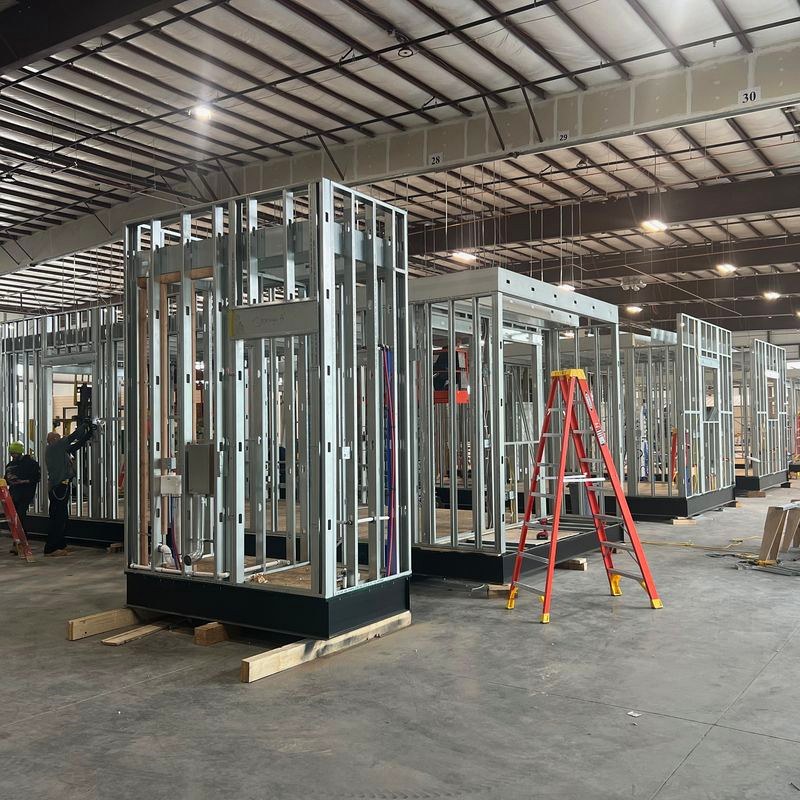 Steel framing on the factory floor