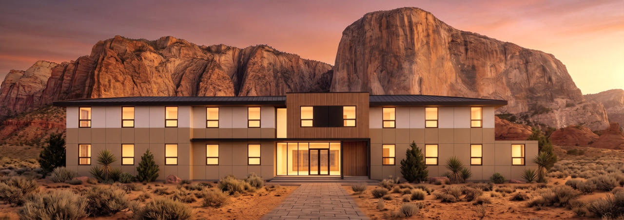 Solstice exterior with red rock backdrop
