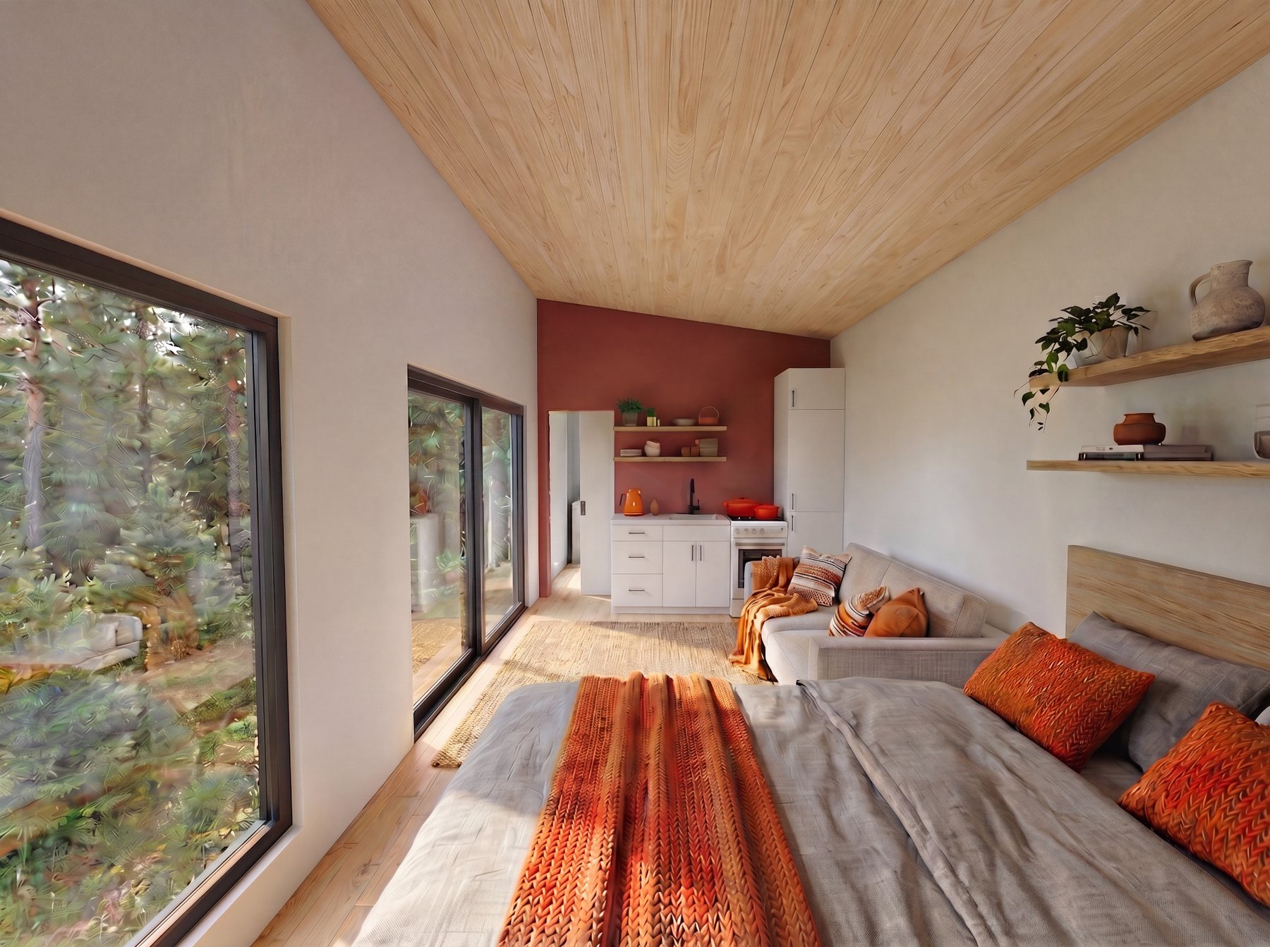 Timberline interior with bed, sofa, kitchenette and forest views through large windows