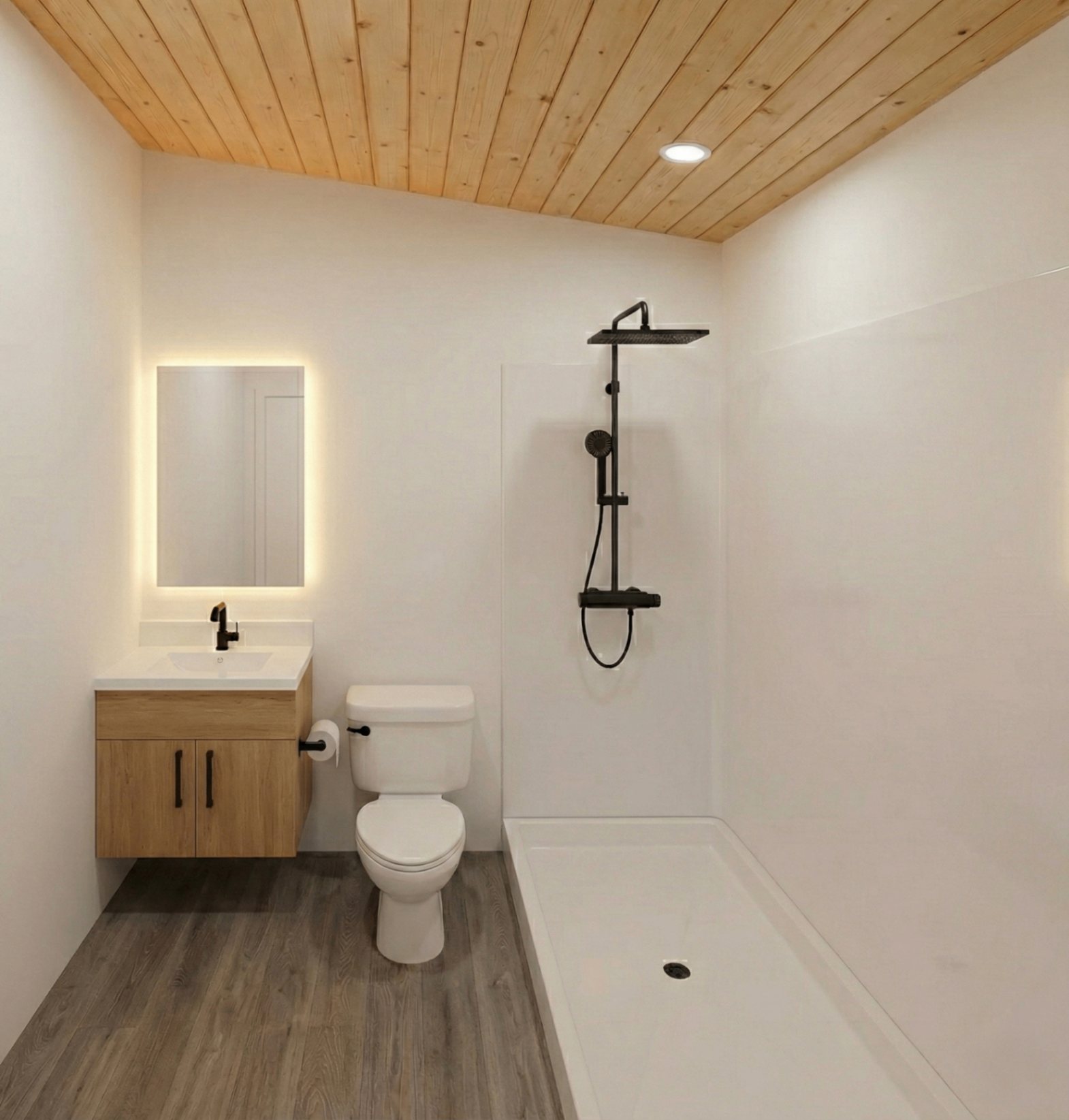 Timberline bathroom with walk-in shower, floating wood vanity and wood plank ceiling