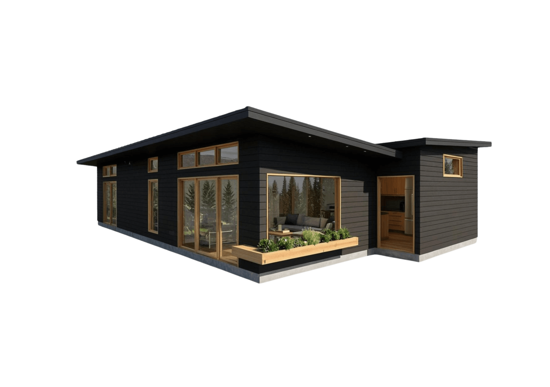 The Butterfly modern modular home with dark siding and wood accents