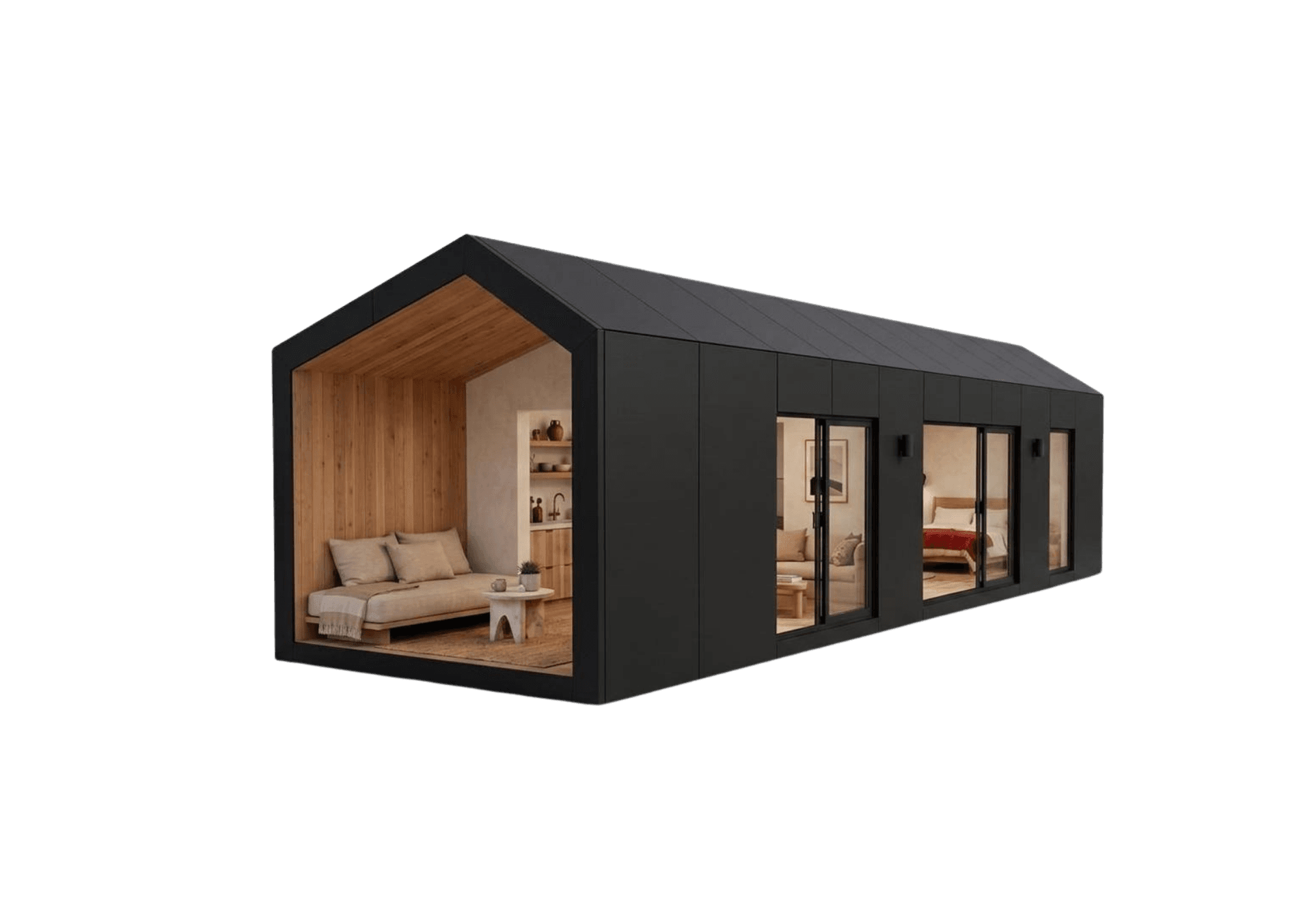 Humboldt hospitality cabin with matte black exterior and cedar open-air lounge