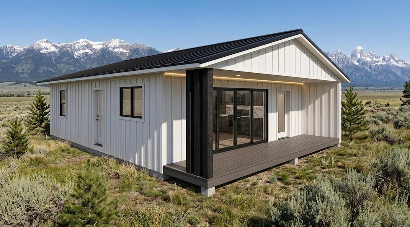Telluride modern farmhouse modular home with mountain backdrop