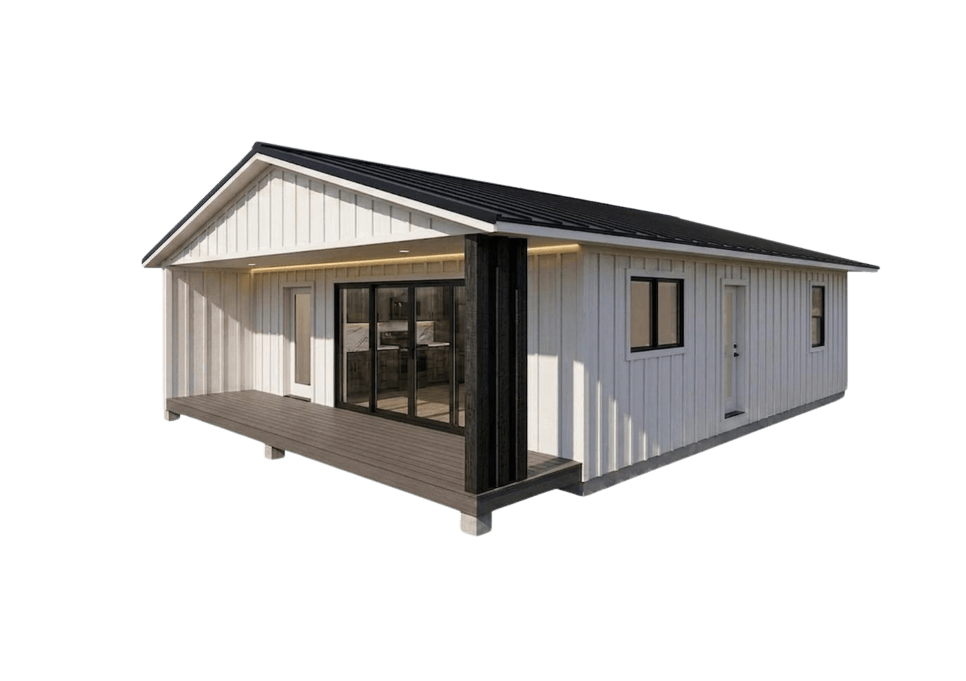 Telluride modern farmhouse modular home with white board-and-batten siding, black metal roof, and covered cedar porch